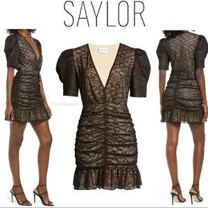 SAYLOR Reena Ruched Lace Cocktail Minidress